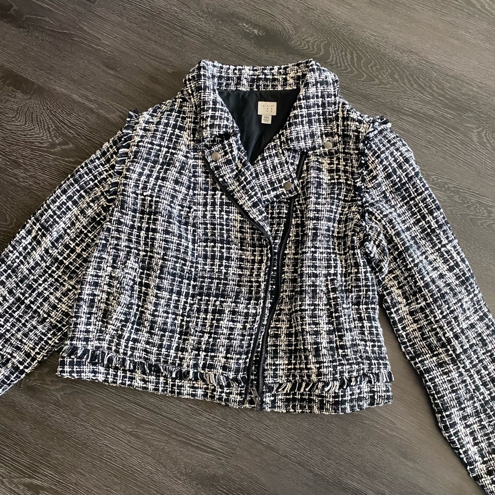 a new day cropped black and white jacket